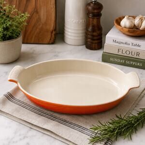 Vintage Descoware #26 Orange Flame Cast Iron Enamel Oval Au Gratin Baking Dish